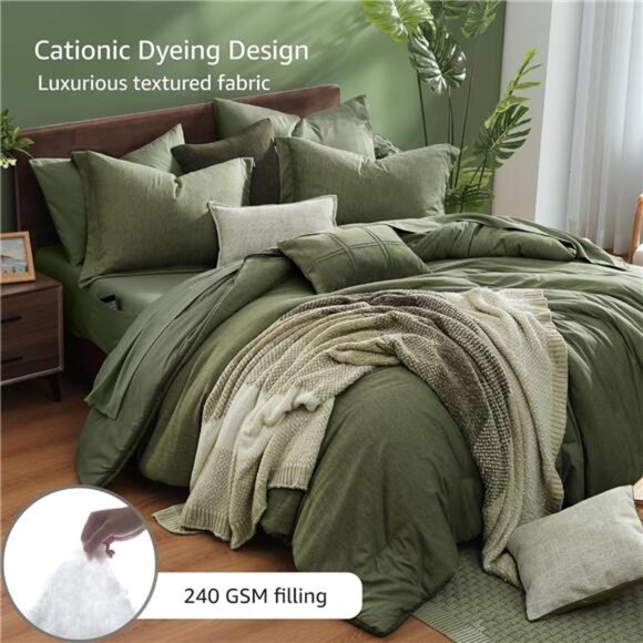 Queen Comforter Set - 7 Pieces Cationic Dyeing Olive Green Bed in a Bag Bedding - Picture 3 of 7